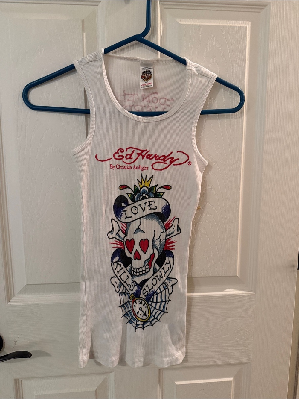 Ed Hardy White women’s  Tank Top with Multicolor Tattoo Skull Graphic